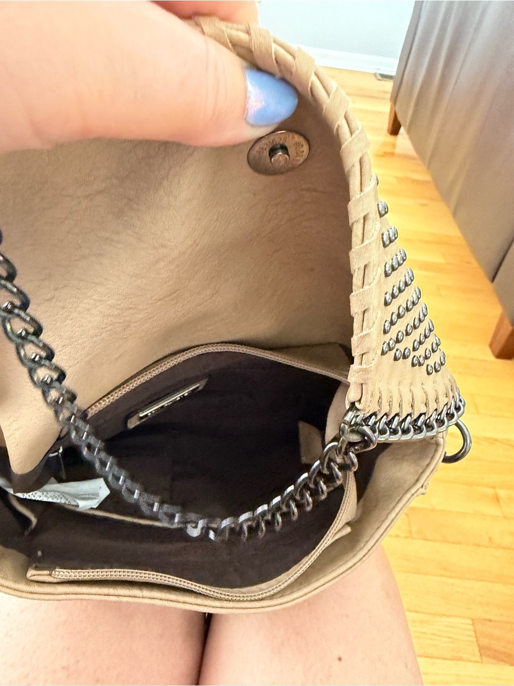 Studded Chain Shoulder Bag in Beige - Picture 2 of 2